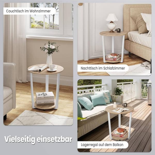 Runt sidobord med 2 hyllplan | Ljus ek | 50x50x53 cm
