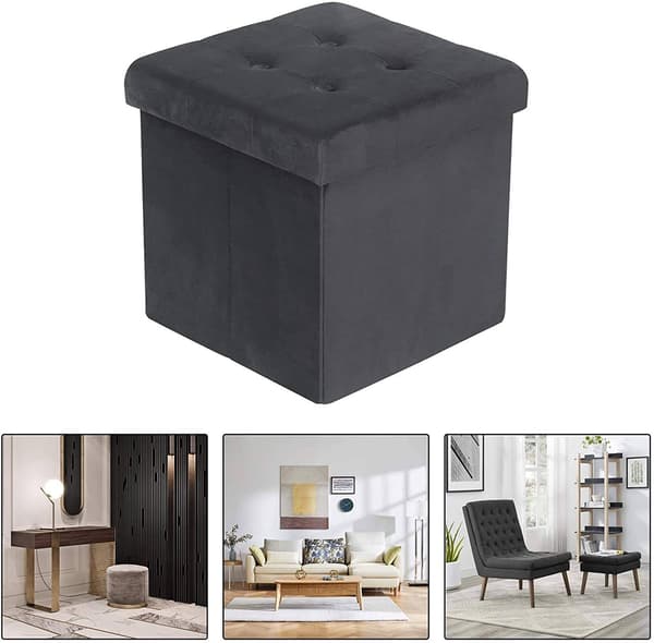 Set med 2 förvaringspuffar i sammet | Svart/grå | 37,5x37,5x38 cm