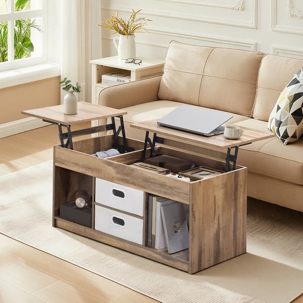 Höjdjusterbart soffbord med 2 lådor | Brun-vit | 100x50x48/62,3 cm