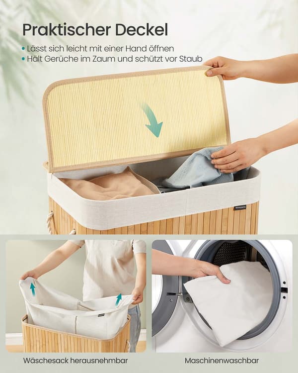 Tvättkorg i bambu med lock - 15 kg - 52 x 32 x 61 cm