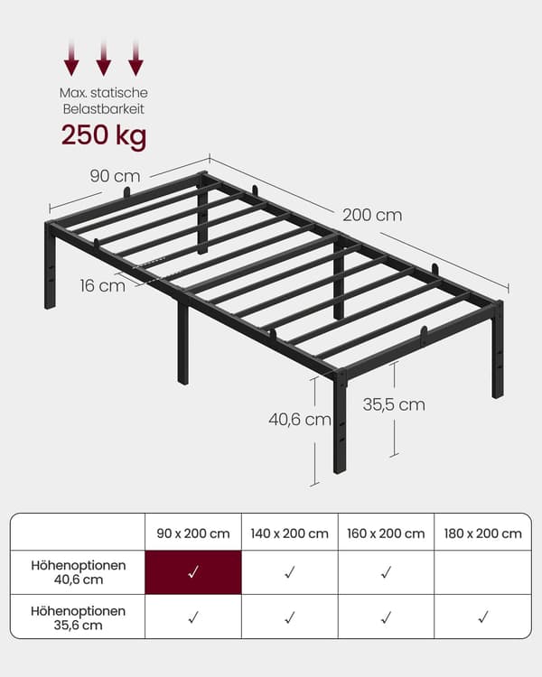 Sängstomme i metall med förvaring för sovrum | Bläcksvart | 90x200x40,6 cm