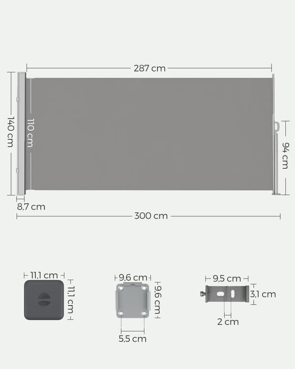 Sidomarkis utomhus - solskydd - stål/polyester - UV-skydd - 140 x 300 cm