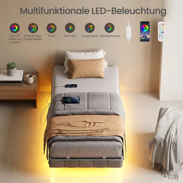 Sängstomme med LED-belysning 90 x 200 cm | Grå | 90x200x26 cm