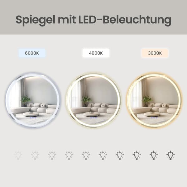 Rund badspegel med LED-belysning | Vit