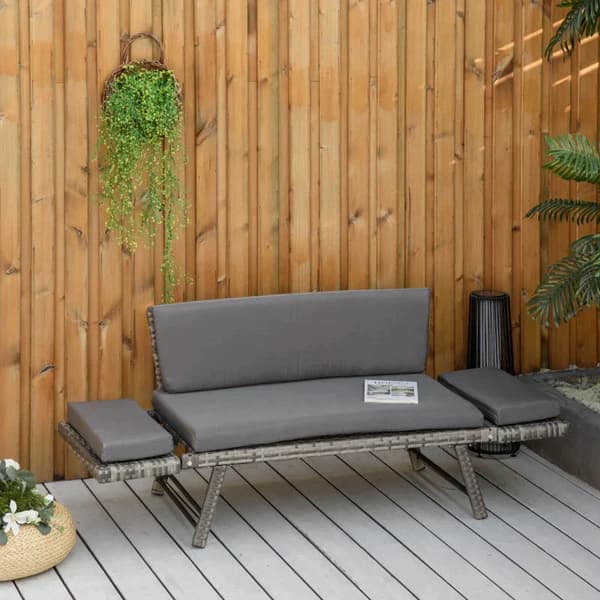 Trädgårdsbänk polyrattan med fällbara armstöd | Färg: Grå | Mått: 63x129x67 cm
