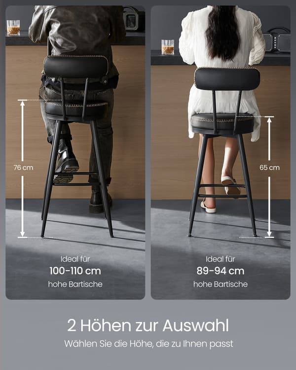 Barstol 2-delat set av konstläder | Bläcksvart | 54x54x91 cm