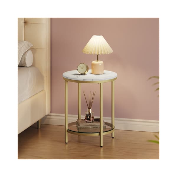 Sidobord 2 våningar marmorlook med svart bas | Marmor vit-ljus guld | 45x45x55 cm