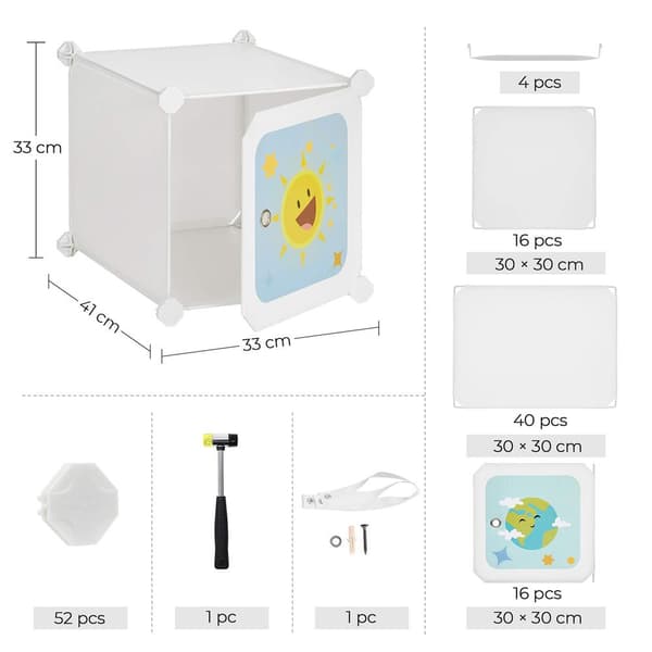 Plastgarderob för barn, 16 fack, vit, 123 x 41 x 123 cm