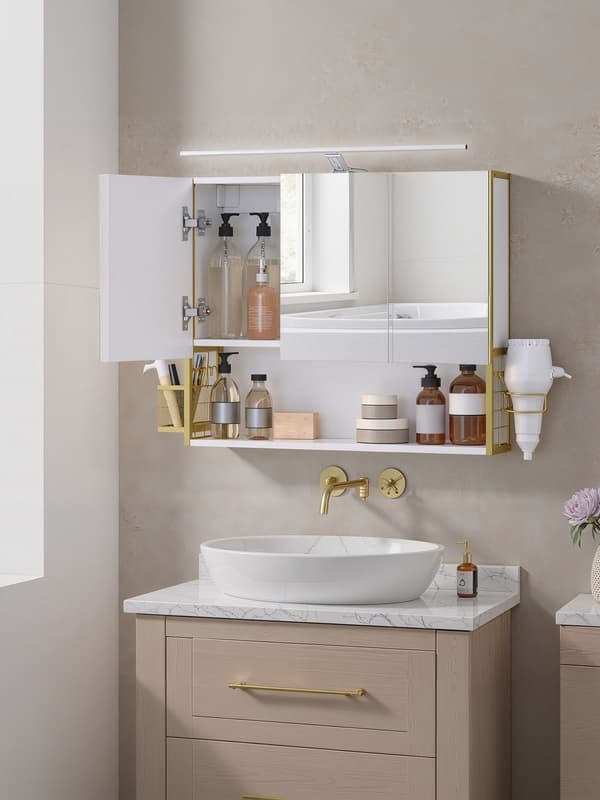 Badrumsskåp med LED-belysning | Vitt-guld | 70x14,6x70 cm