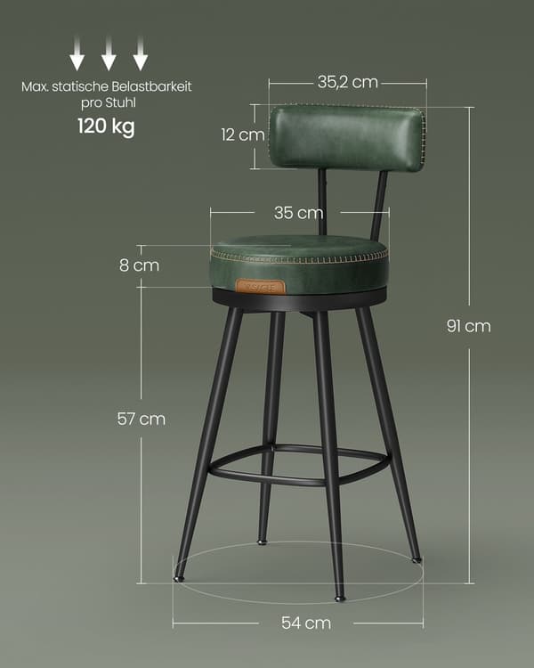 Set med 2 barstolar med ryggstöd | Skogsgrönt | 54x54x91 cm