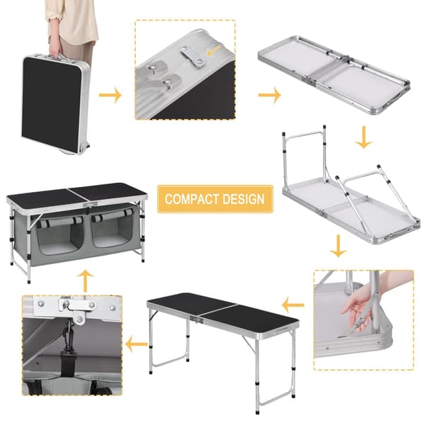 Fällbart campingbord med förvaringsväska | Svart+grå | 47x120x62-69,5 cm