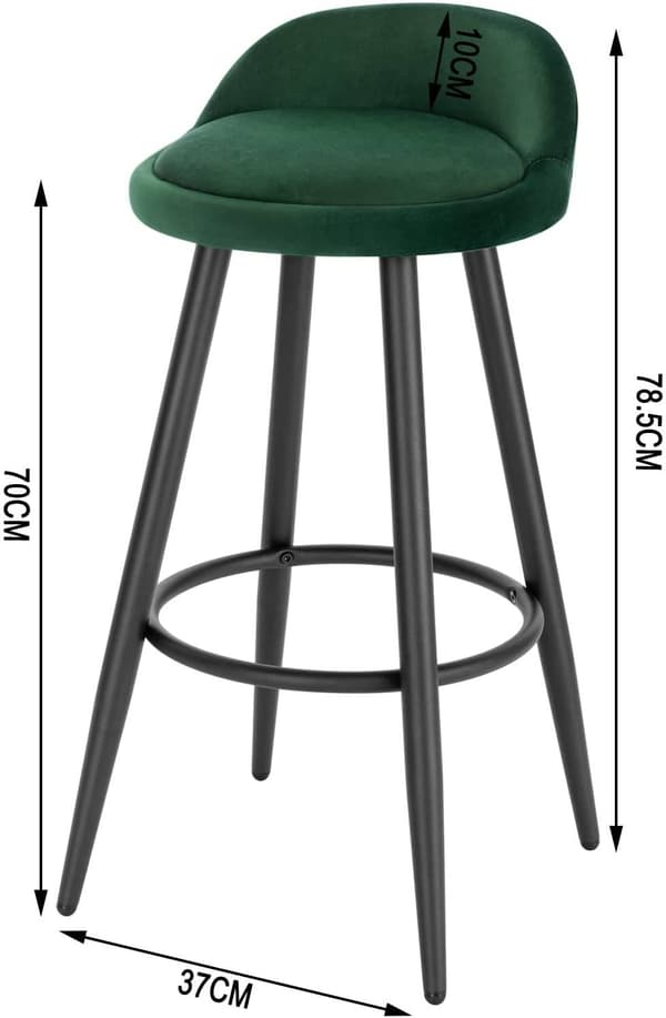 Set med 2 barstolar med sammetsfotstöd | Mörkgrön | 37,5x34x78,5 cm