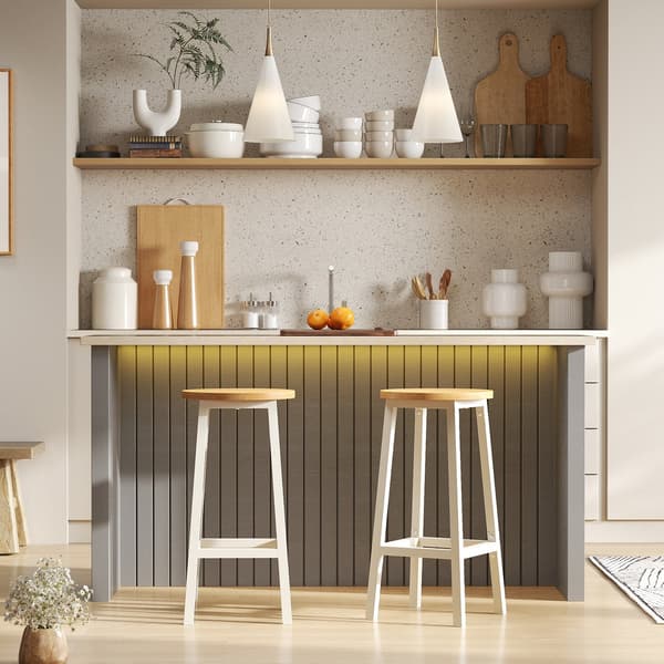 Set med 2 barstolar med metallram | Ek beige-vit | 32x32x65 cm