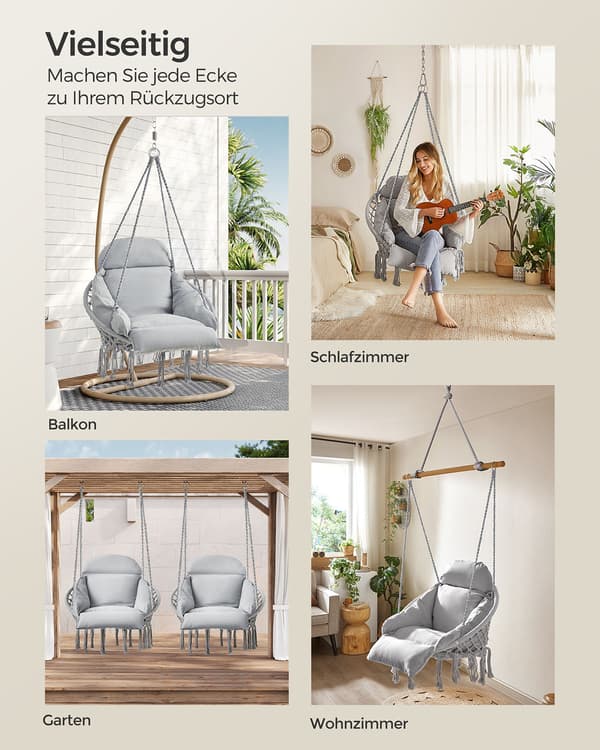 Hängstol med tjock dyna - 113 x 57 x 76 cm - grå, stål/polyester/bomull