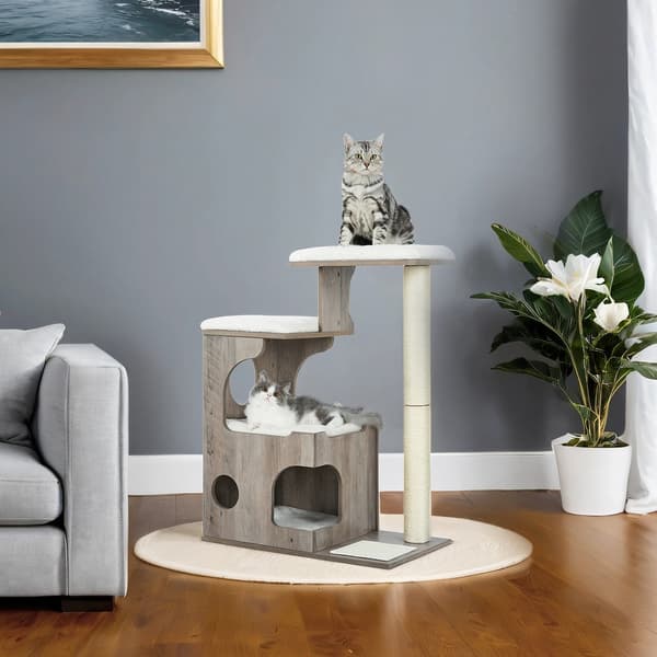 Hög kattskrapstolpe med katthus och plattformar | Greige-vit | 40x66x86 cm