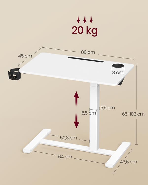 Ställbart vitt sidobord på hjul - mobilt skrivbord - 102 cm