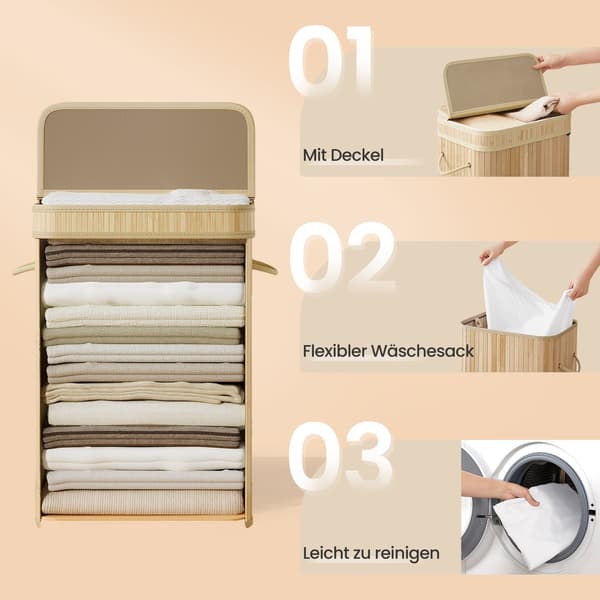 Tvättkorg - förvaringskorg - robust bambu ram - 31,5 x 42,5 x 61 cm - beige