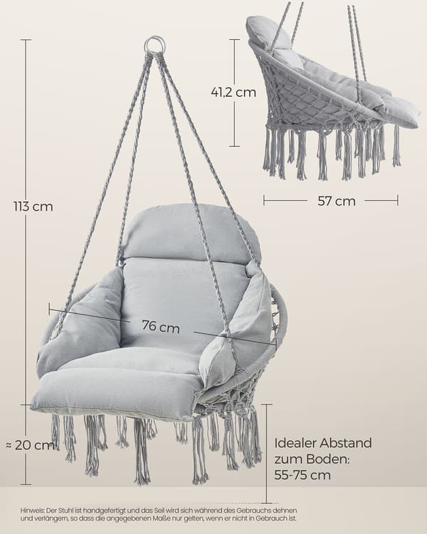 Hängstol med tjock dyna - 113 x 57 x 76 cm - grå, stål/polyester/bomull