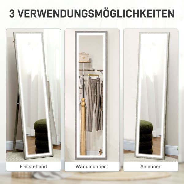 LED helkroppsspegel - Grå, dimbar med touchkontroll | Färg: Grå