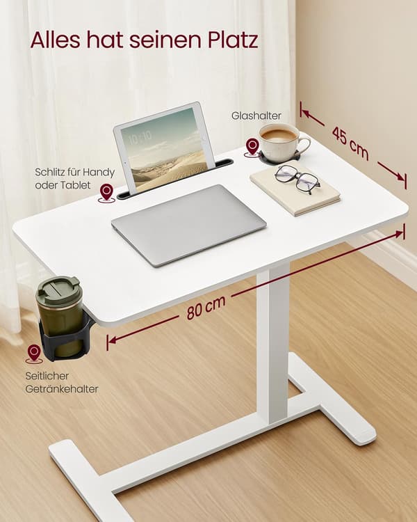 Ställbart vitt sidobord på hjul - mobilt skrivbord - 102 cm