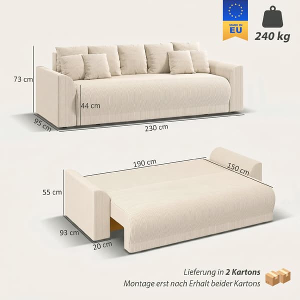 3-sits bäddsoffa med sovfunktion | Färg: Beige | Mått: 230x95x73 cm
