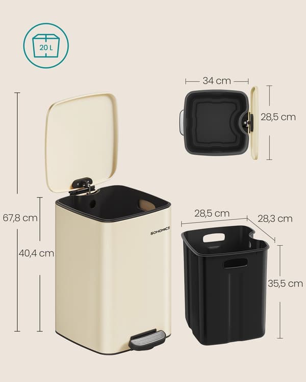 Stålsoptunna med lock, beige, 20 liter, 34 x 28,5 x 40,4 cm
