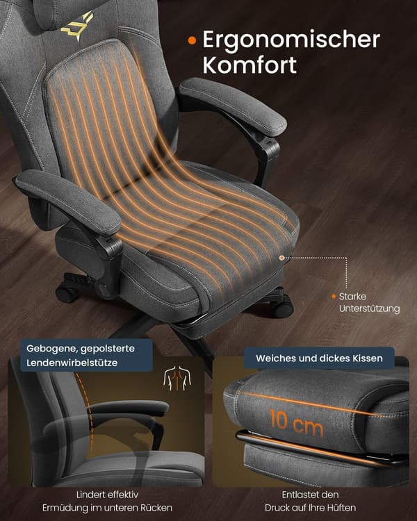 Justerbar gamingstol med fotstöd och dyna, ergonomisk, grå