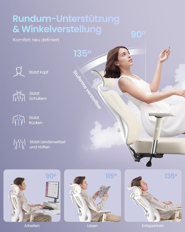 Ergonomisk kontorsstol med justerbart stöd | Kamel brun-molnig vit | 70x70x112-136 cm