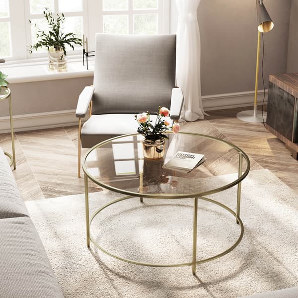 Soffbord med guldram och glas - retro - 84 x 84 x 45,5 cm