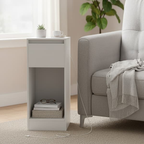Smalt sängbord med LED-belysning | Vit | 25x30x59,5 cm