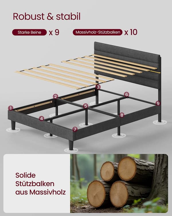Grå sängram - linnelook - stålram - 202 x 140 x 110/116,5 cm