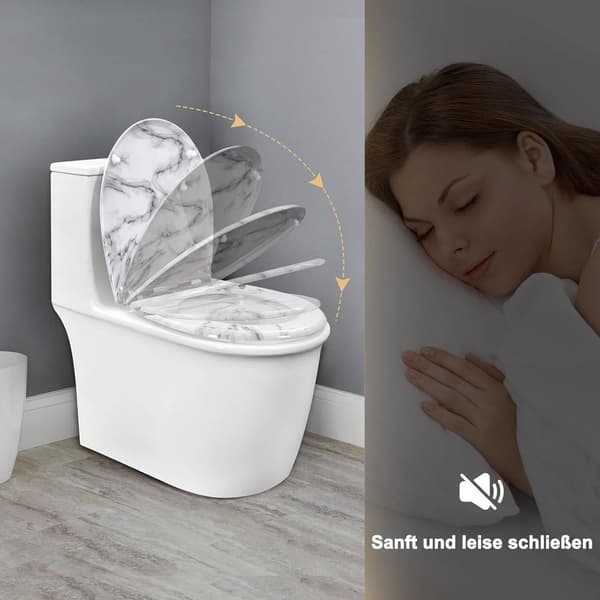 Toalettsits med soft close och snabbkoppling O-form | Vit marmor mönster