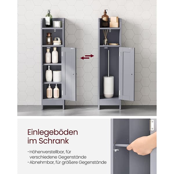Smalt badrumsskåp, grå MDF, justerbara hyllplan, 20 x 18 x 80 cm
