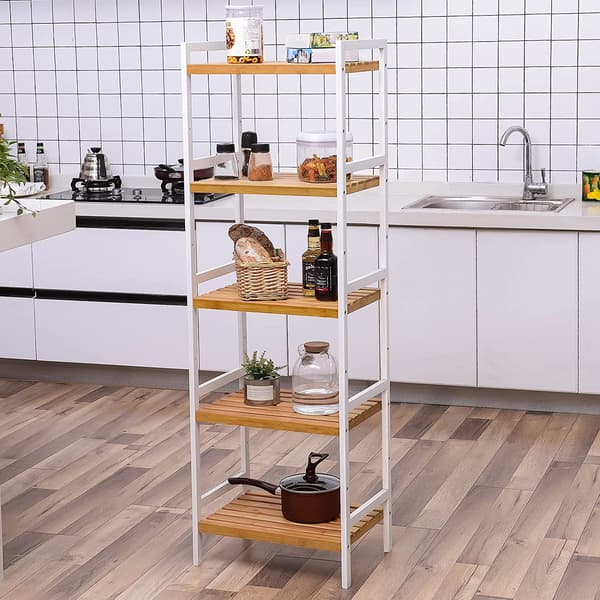 Förvaringsställ i bambu - köksskåp - vit/beige - 5 våningar - 45 x 31,5 x 142 cm