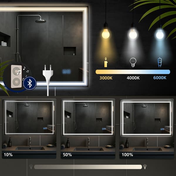 Smart badrumsspegel - väggspegel med Bluetooth - Anti -Condens & Dimble LED -belysning