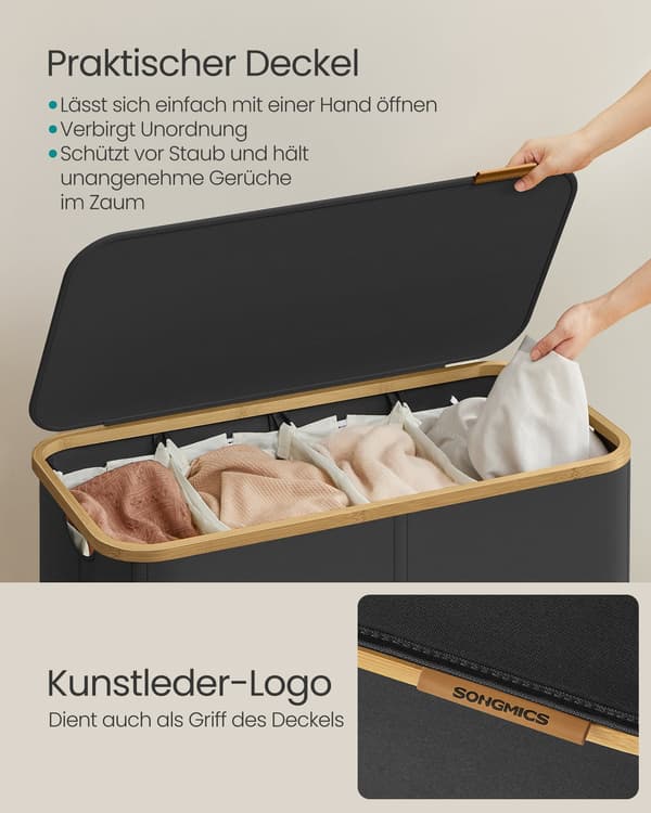 Tvättkorg med lock | Bläcksvart | 38,5x78x70,5 cm