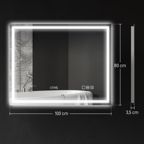 LED badrumsspegel med Bluetooth 80x100 cm | Färg: Silver | Mått: 80x3,5x100 cm