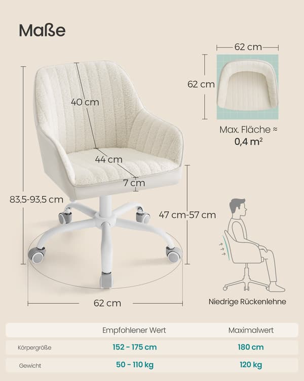 Ergonomisk kontorsstol - sherpa, konstläder - stålram - cappuccina beige/ullvit