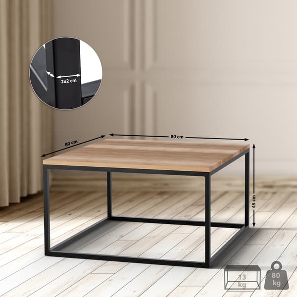 Sidobord, soffbord - Robust design - Solid Oak & Matte Black Metal | Storlek: 80x80x45 cm