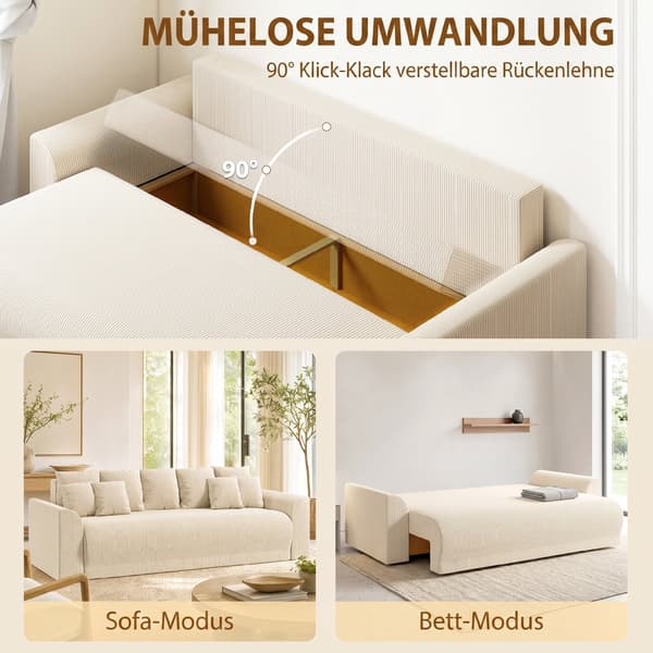 3-sits bäddsoffa med sovfunktion | Färg: Beige | Mått: 230x95x73 cm