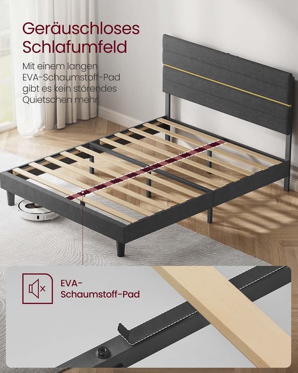 Grå sängram med linnelook, stål, robust, 202 x 146 x 110/116,5 cm