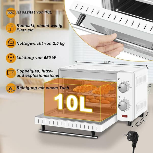 Minioven 10 liter 800 W met bakplaat en timer | Wit | 37x21x26 cm