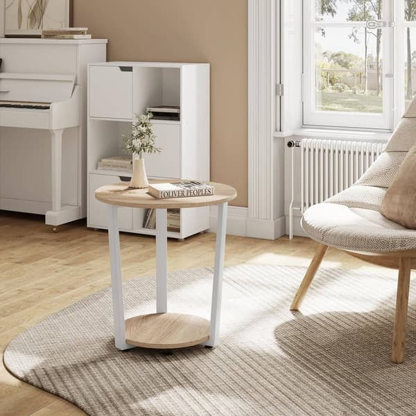 Runt sidobord med 2 hyllplan | Ljus ek | 50x50x53 cm