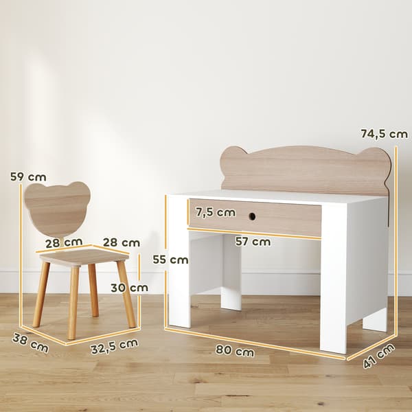 Barnskrivbord med stol för barn - Öldesign och låda | Färg: Brun + vit