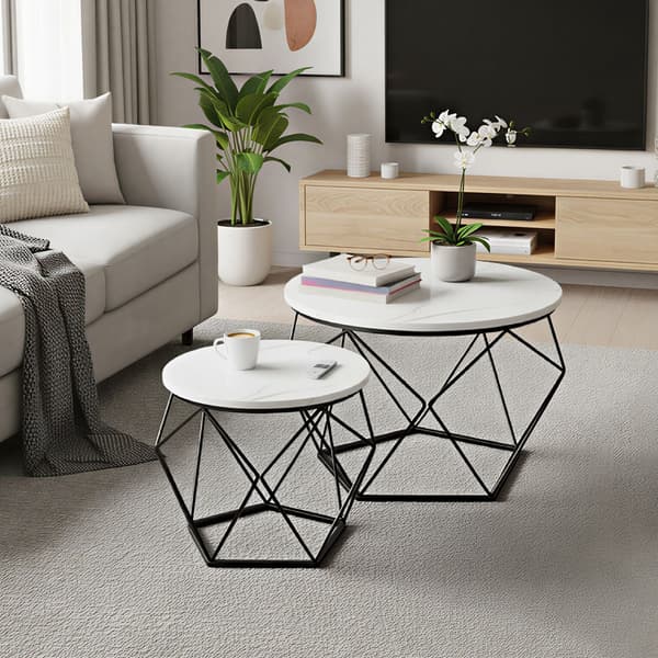Runt soffbordsset 2-delat modernt | Vit-Svart | 60x60x45 cm