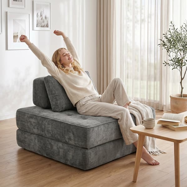 2-i-1 sovstol - Chenille bottensits | Färg: Grå | Mått: 97x97x70 cm