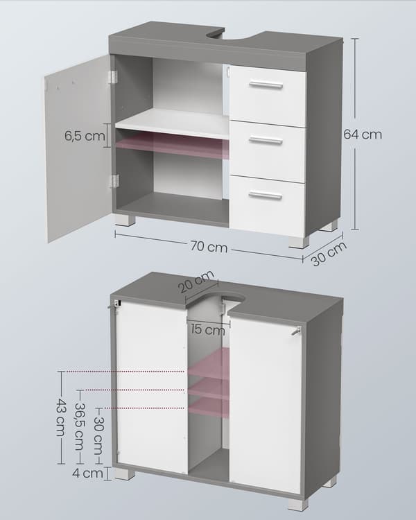 Tvättställsunderskåp vit cementgrå - MDF - 30 x 70 x 64 cm