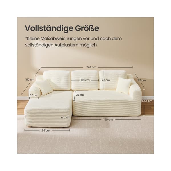 Modulär hörnsoffa 244 cm med schäslong | Gräddvit | 244x150x73 cm