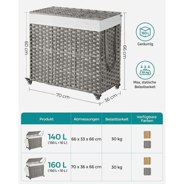 Grå tvättkorg med innerpåse - PP-plast - metallram - 70 x 36 x 66 cm