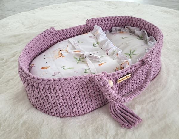 Boho Doll's Basket - Cotton Both Basket - Handmade & bekväm för dockor, lavendel